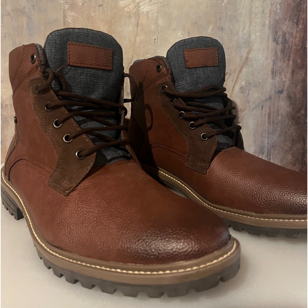 Vazza Ankle Boots Mens 9 Brown Excellent Pebbled Suede Trim Lace Up Lug Sole